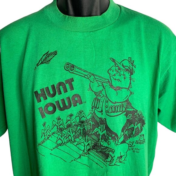 Vintage 80s Hunt Iowa Crewneck T Shirt M Green Single Stitch Short Sleeves Pigs - Picture 2 of 8